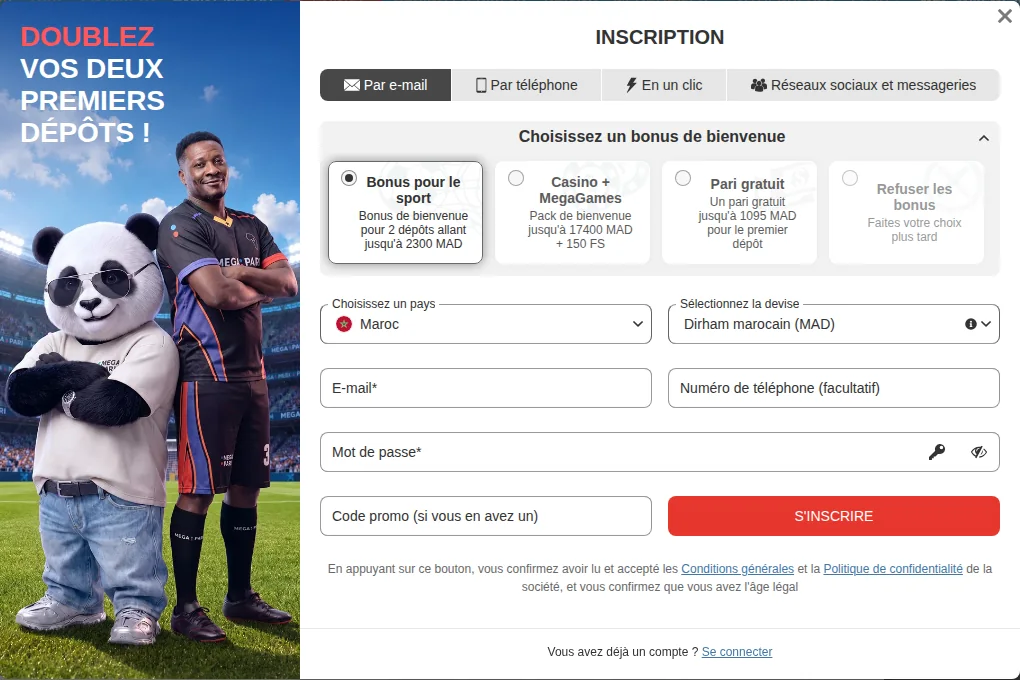 Formulaire d’inscription MegaPari vu depuis le Maroc : pays Maroc, devise dirham marocain